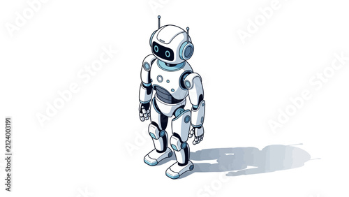 Cute white humanoid robot character standing on white background with blue accents and futuristic design suitable for technology and ai concepts