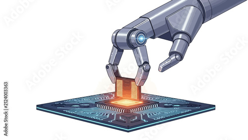 Robotic arm placing a glowing microchip on a circuit board 3D render of automation and artificial intelligence technology concept