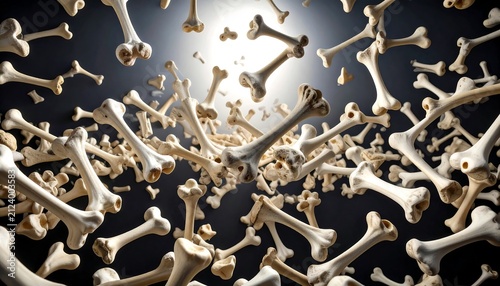 Dynamic Composition of Scattered Bones Against Dark Background.