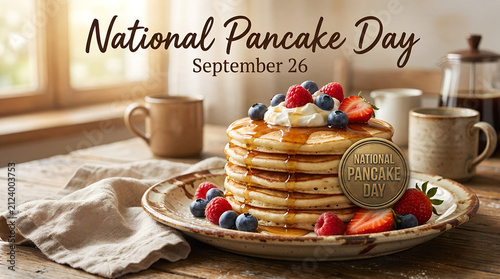 Stack Of Pancakes With Berries And Whipped Cream Scenic Food Photography