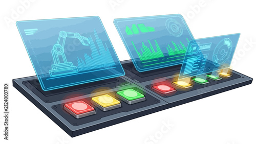Futuristic control panel with holographic screens displaying robotic arm and data graphs on white background isometric illustration
