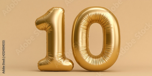 Golden Foil Balloon Number 10 on a Warm Beige Background for Tenth Anniversary or Birthday Celebration
