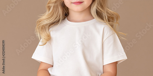 Toddler Girl Wearing Plain White T-Shirt Mockup on Beige Background for Clothing Brand Presentation