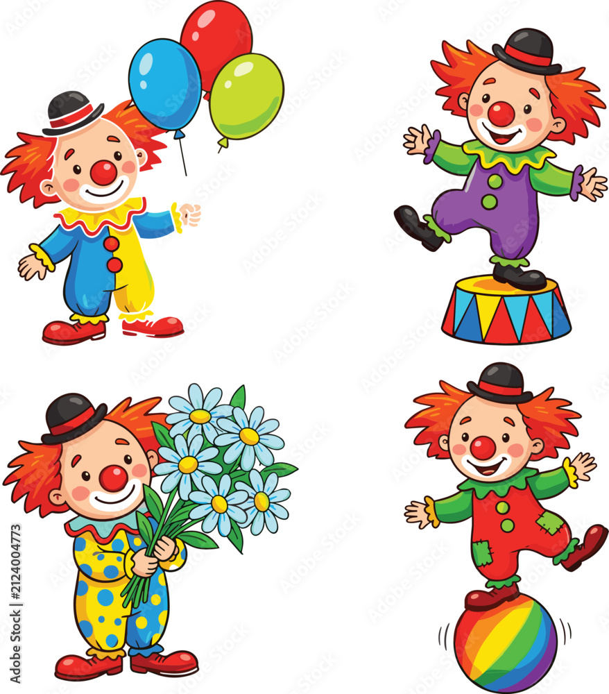 Naklejka premium Cute Cartoon Circus Clown Vector Character Set Performing Tricks with Balloons, Balancing on Ball, and Holding Flowers for Kids Birthday Party Graphic Designs
