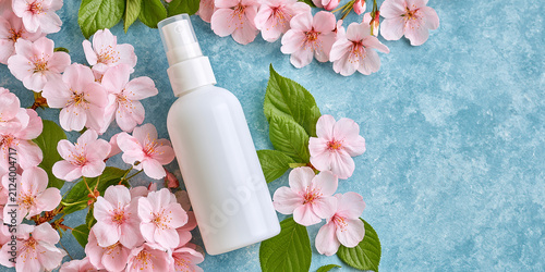 White Cosmetic Spray Bottle Mockup Surrounded by Pink Cherry Blossoms on Textured Pastel Blue Background