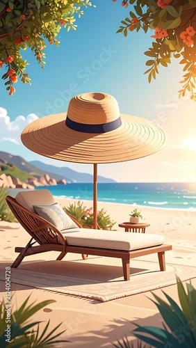 Relaxing beach chair with tropical drink and hat.