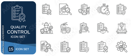 Quality control icon set line art style with checkmarks and inspection tools checklist vector outline