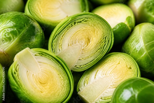 Brussels sprouts halved revealing layered interior in closeup