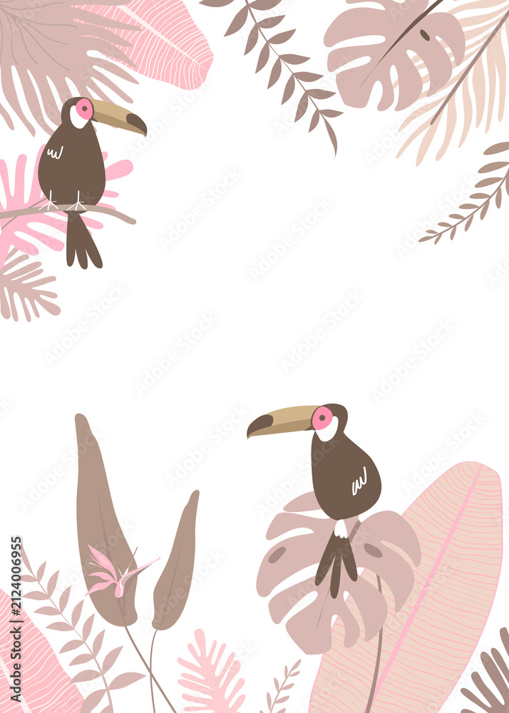 Obraz premium Pastel botanical png frame with tropical leaves and toucan birds, transparent background