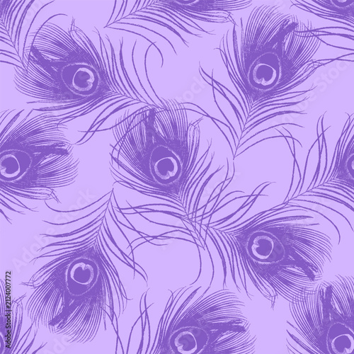 Boho Seamless pattern with detailed purple peacock feathers on a soft lilac background. Elegant monochrome exotic bird plumage vector