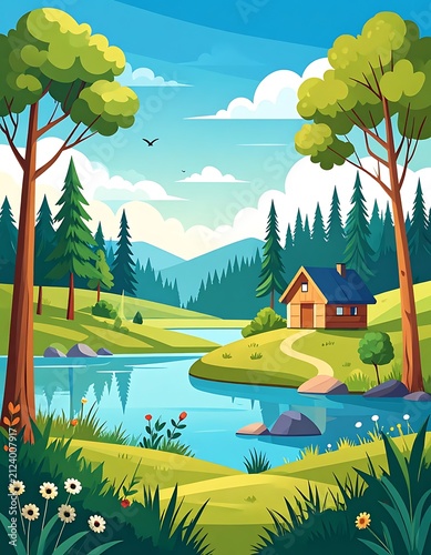 Serene lakeside cottage with mountain backdrop.