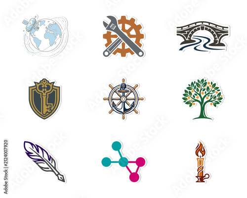 Vector Illustration of Kawaii Sticker Characters Collection with Flying Gear Squirrel Scales Lightbulb and Heart