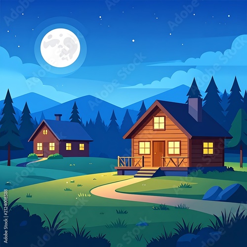Serene mountain village under full moon at night.