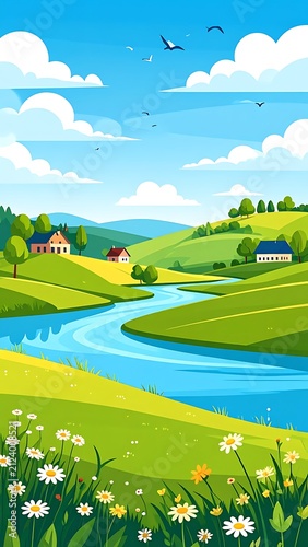 Serene rural landscape with winding river and farmland.