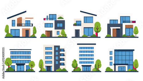 Set of modern house and apartment building facade vectors