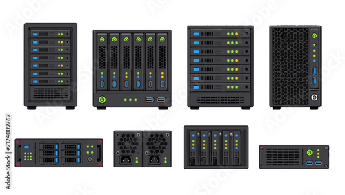 Set of server and network storage unit vector icons