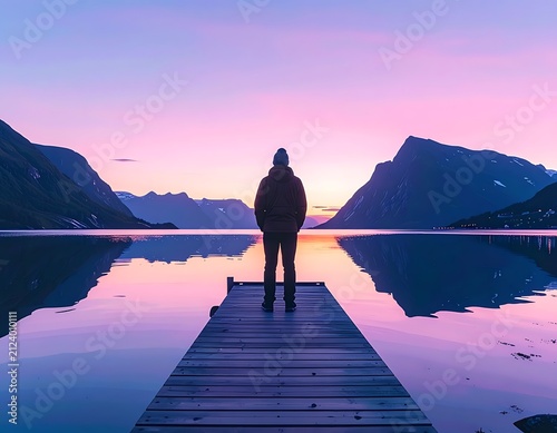 Silhouette of person walking on pier at sunset.