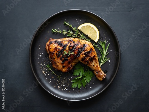 Roasted chicken leg with herbs and lime on a black plate. flame-grilled chicken