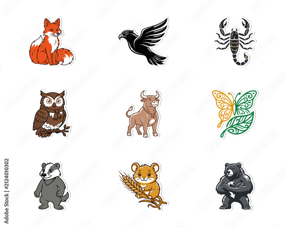 Obraz premium Set of nine illustrated animal character stickers including fox, owl, bull, eagle, and bear for creative graphic design.