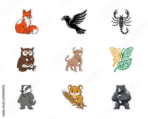 Set of nine illustrated animal character stickers including fox, owl, bull, eagle, and bear for creative graphic design.