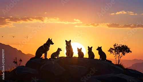 Silhouettes of giraffes at sunset in savanna.