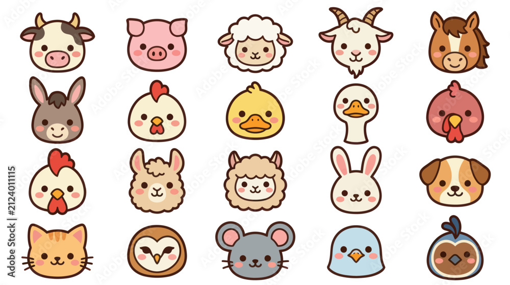 Fototapeta premium Cute farm animal faces collection