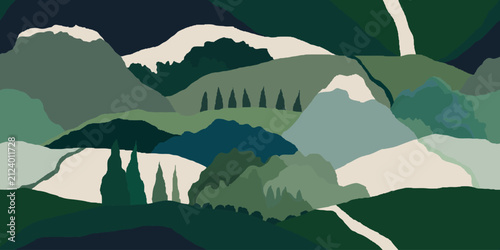 Abstract monochrome countryside landscape pattern. Botanical contemporary seamless pattern. Hand drawn unique print.