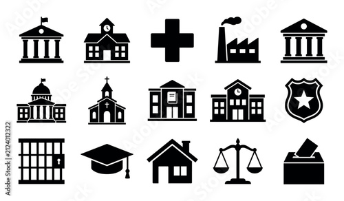 Education and government design icons with school building, courthouse and graduation cap for infographic design in solid glyph style