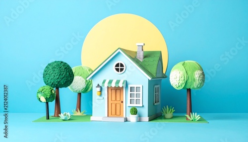 Stylized Blue House with Green Roof and Trees for Lifestyle Branding, Home Inspiration, and Minimalist Visual Concepts