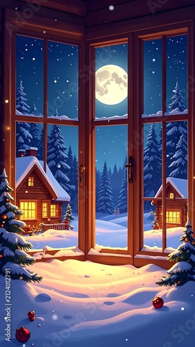 Snowy village street with festive holiday lights and decorated houses.