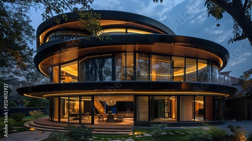 A unique residential home designed as two overlapping circular rings. Generative AI.