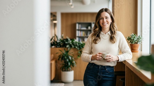 Smiling young woman leaning against a wooden counter in a modern bright office holding a warm cup of coffee during a professional work break