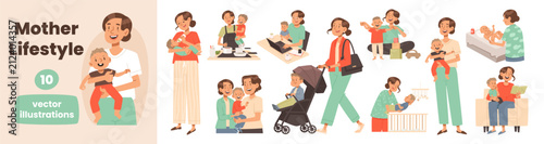 Mother lifestyle vector illustration set. Mom Caring for baby, parenting, family life, childcare, work from home and daily activities collection
