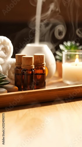 Spa wellness set with essential oils candles and stones.
