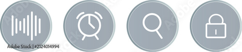 Icon set with sound clock search and lock symbols in grey circles