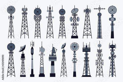 Detailed collection of diverse communication masts and radar towers with various antenna configurations and platforms.