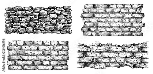 Brick and stone wall textures set with masonry patterns in vintage engraving style