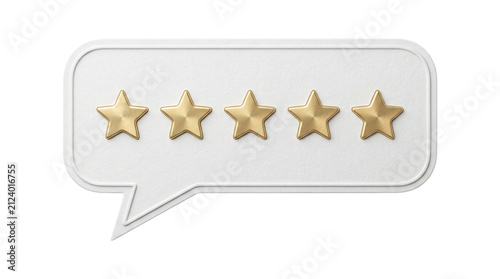 White speech bubble with five golden stars inside on transparent background for customer review.