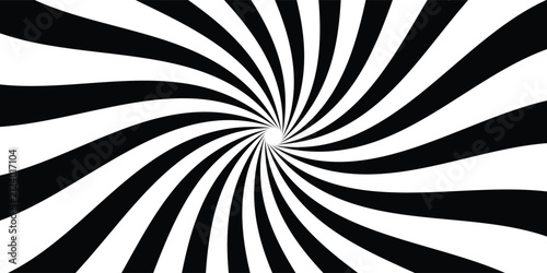 Abstract black and white hypnotic spiral background with radial wavy lines. Dynamic optical illusion vector illustration for psychedelic themes, creative posters, and modern graphic design layouts.