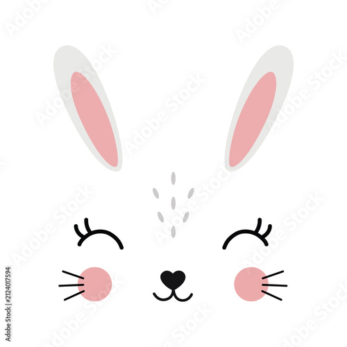 Cute minimalist bunny face illustration with closed eyes, pink cheeks, long ears and heart-shaped nose. Adorable nursery design for baby apparel, Easter, greeting cards, posters, stickers and kids dec