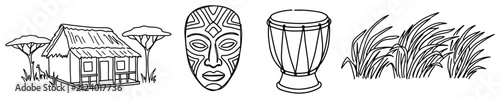 African cultural elements with traditional hut tribal mask and drum in hand drawn doodle style