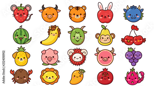 Sticker Cute fruit and animal characters collection