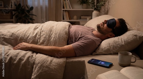 Man practicing guided meditation for sleep in cozy bedroom environment