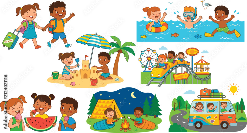 Fototapeta premium Kids Summer Vacation Vector Set with Beach, Swimming Pool, Amusement Park, Camping, and Road Trip Activities for Children Designs