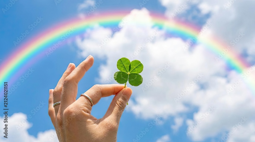 Obraz premium Hand holding green four leaf clover against rainbow sky.