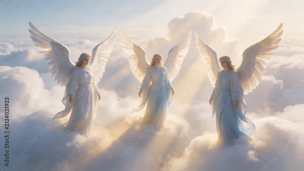 Naklejka premium Three angels in the clouds