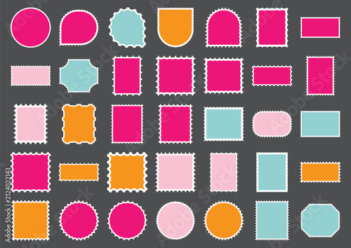 Colorful postage stamp shaped labels in geometric shapes on dark gray background