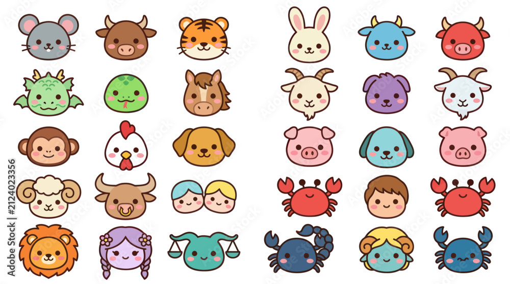 Fototapeta premium Cute zodiac animal and human icons