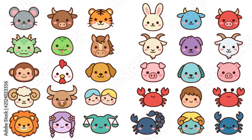 Sticker Cute zodiac animal and human icons