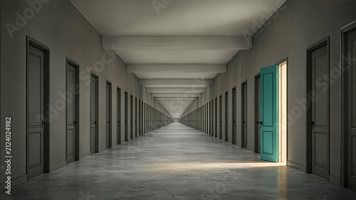 Infinite gray corridor with repeating closed doors and one teal door glowing open.